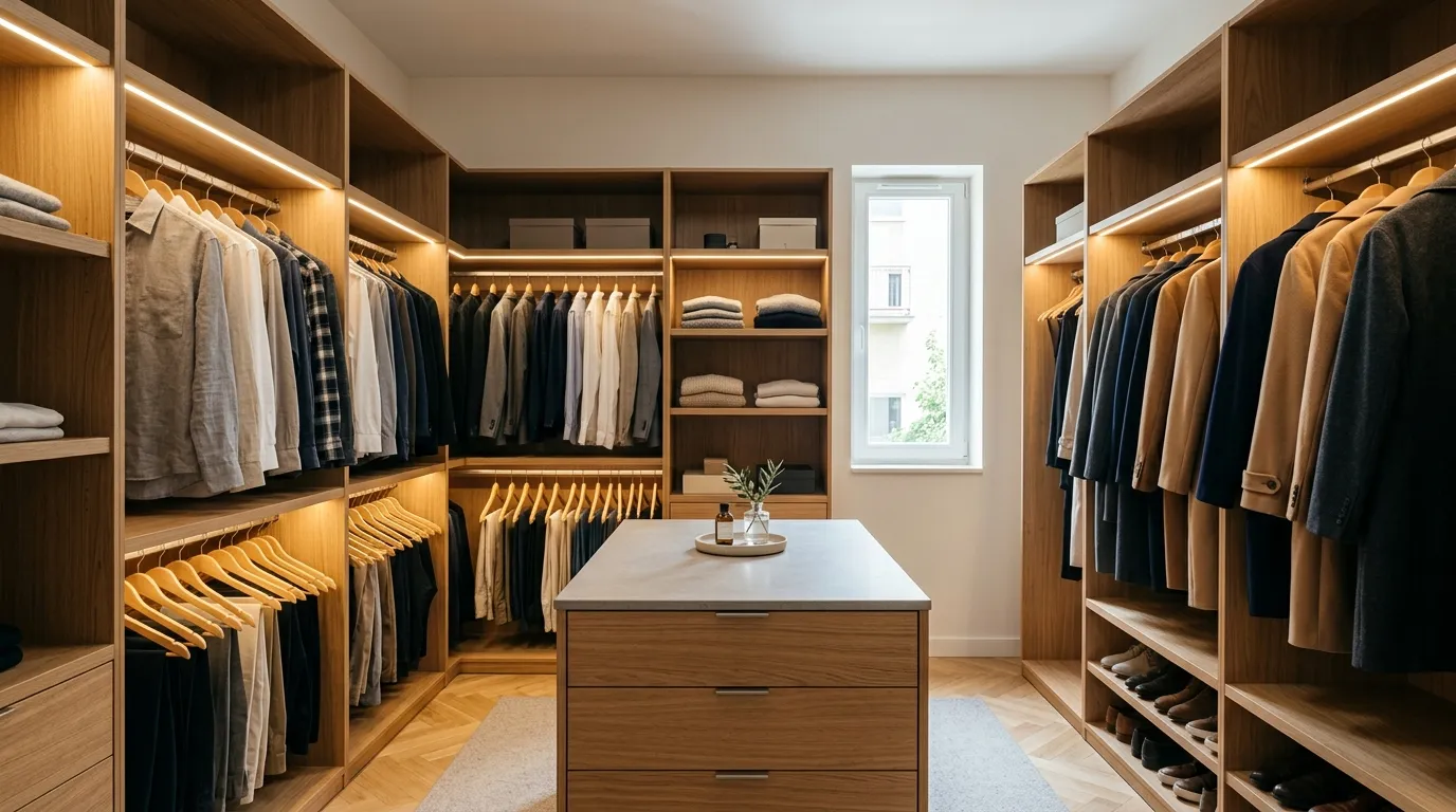 Garderoba walk-in na wymiar: wymiary, układ i wyposażenie